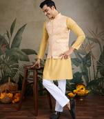 Yellow viscose silk jacquard with sequins embroidered work wedding festival party wear straight kurta with jacket
