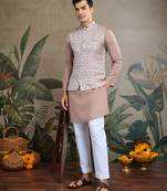 Beige viscose silk jacquard with sequins embroidered work wedding festival party wear straight kurta with jacket