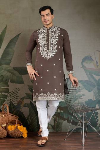 Brown viscose silk thead with sequins embroidered work wedding function festival party wear straight kurta