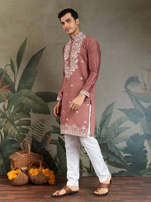 chocolate viscose silk thead with sequins embroidered straight kurta 4