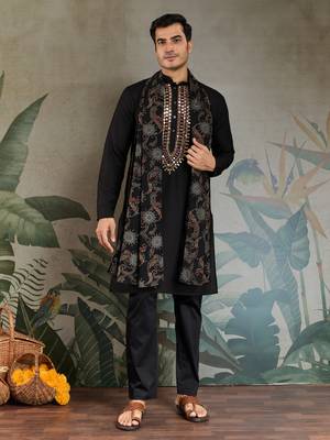 Black viscose rayon thread with real mirror work wedding function festival party wear straight kurta with dupatta 1