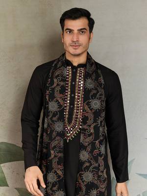 Black viscose rayon thread with real mirror work wedding function festival party wear straight kurta with dupatta 3