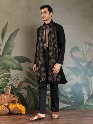 Black viscose rayon thread with real mirror work wedding function festival party wear straight kurta with dupatta 5