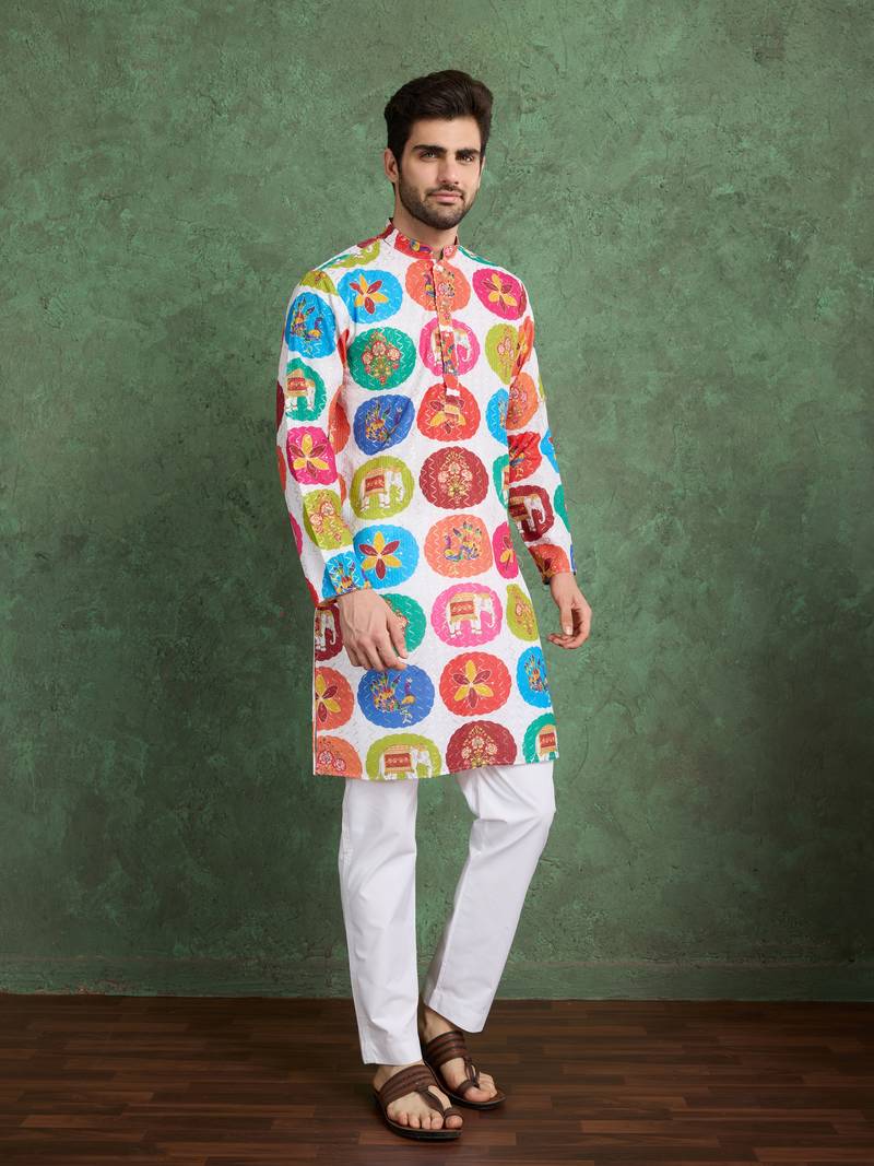 Multicolor heavy rayon print with embroidery work wedding function festival party wear straight kurta