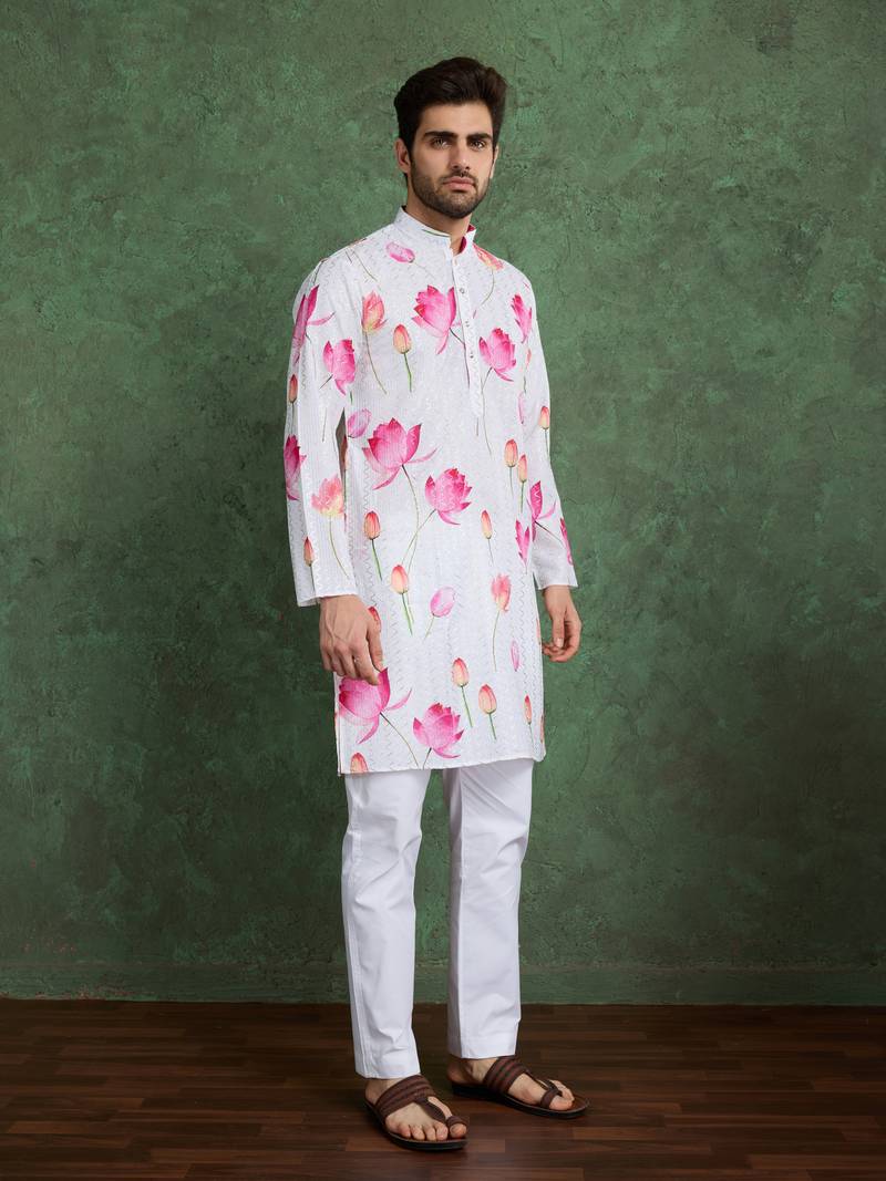 white pink heavy rayon flower print with embroidery straight kurta