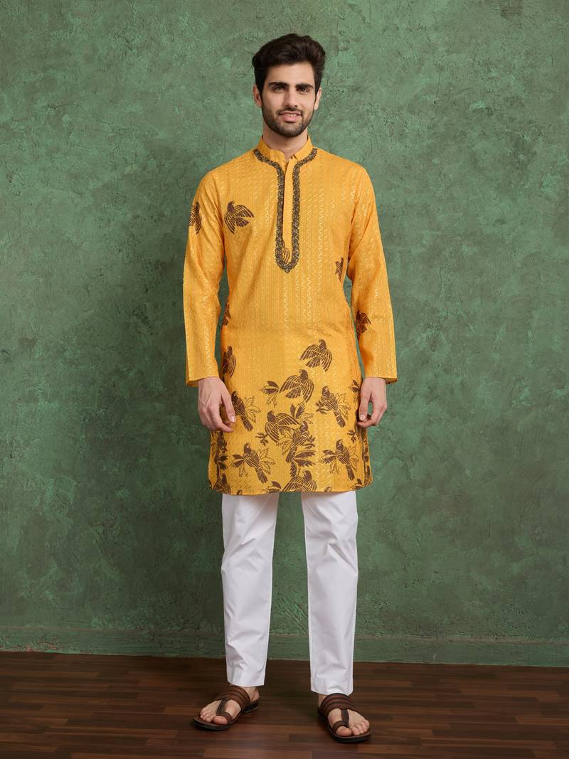 Mustard heavy rayon print with embroidery work wedding function festival party wear straight kurta