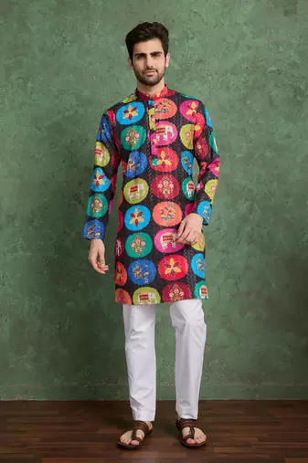Multicolor heavy rayon print with embroidery work wedding function festival party wear straight kurta