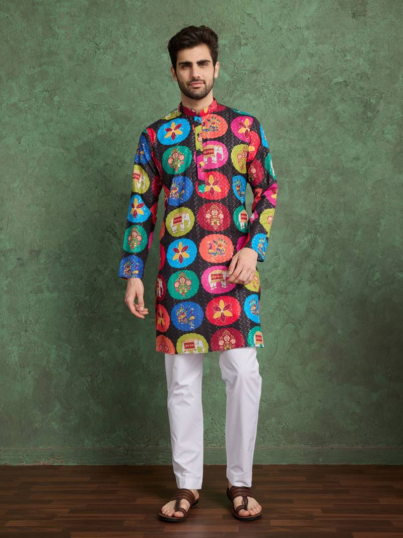 Multicolor heavy rayon print with embroidery work wedding function festival party wear straight kurta