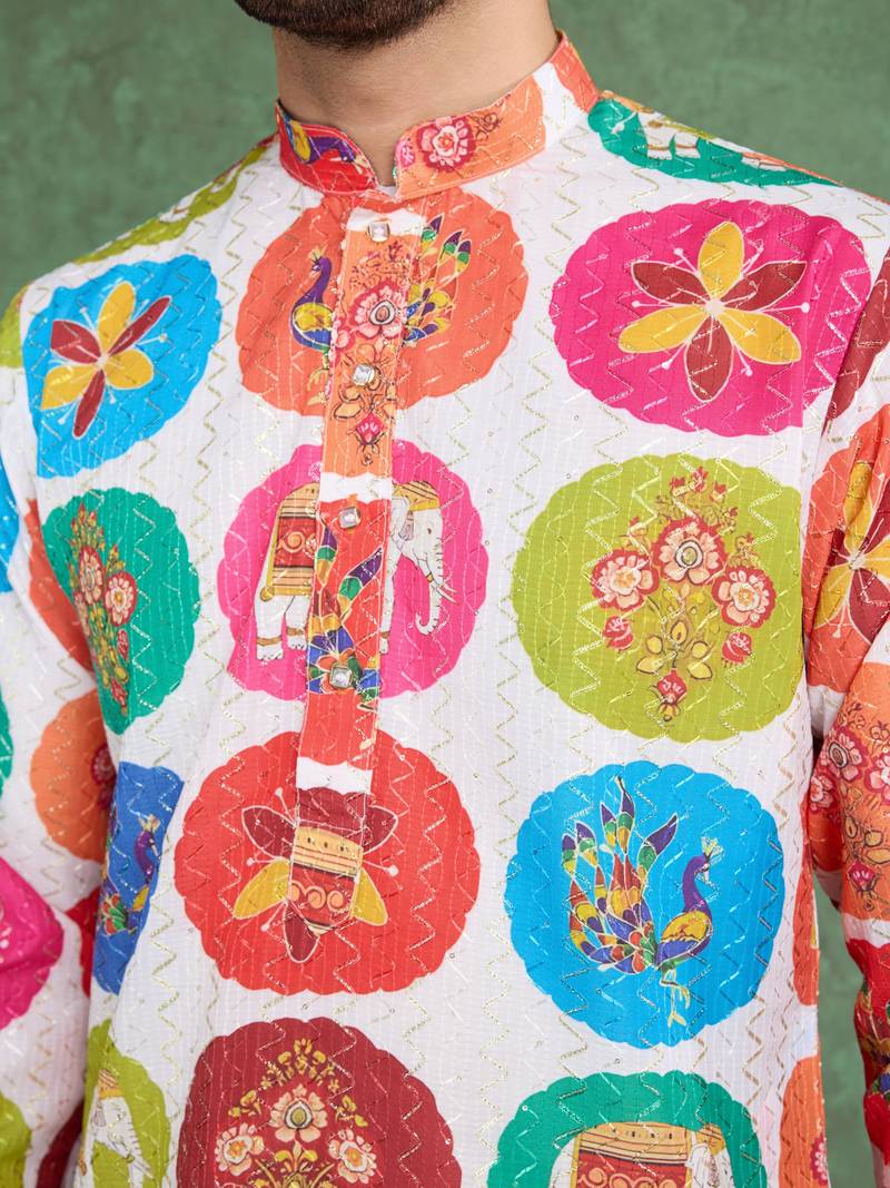 Multicolor heavy rayon print with embroidery work wedding function festival party wear straight kurta