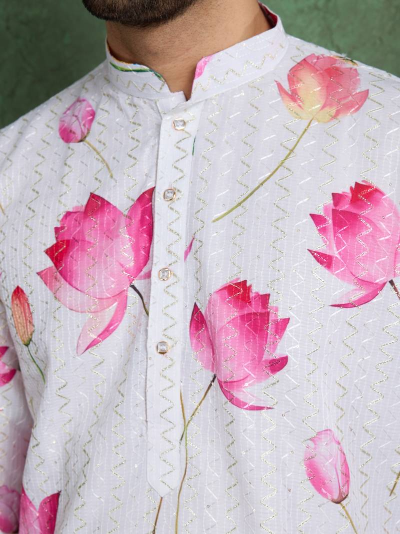 white pink heavy rayon flower print with embroidery straight kurta