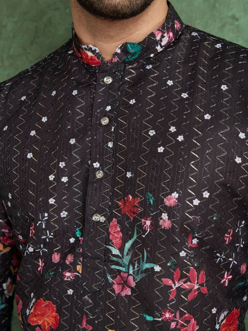 Black heavy rayon print with embroidery work wedding function festival party wear straight kurta