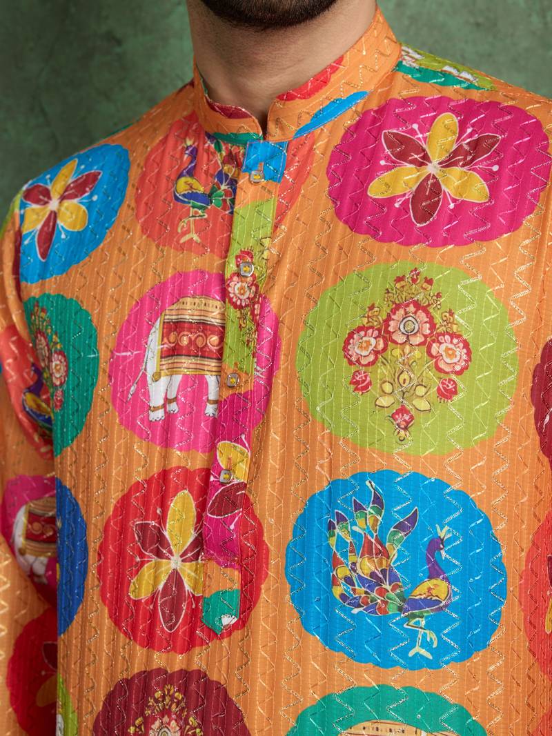 Orange heavy rayon print with embroidery work wedding function festival party wear straight kurta