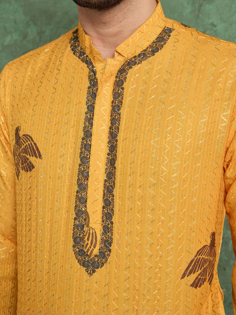 Mustard heavy rayon print with embroidery work wedding function festival party wear straight kurta