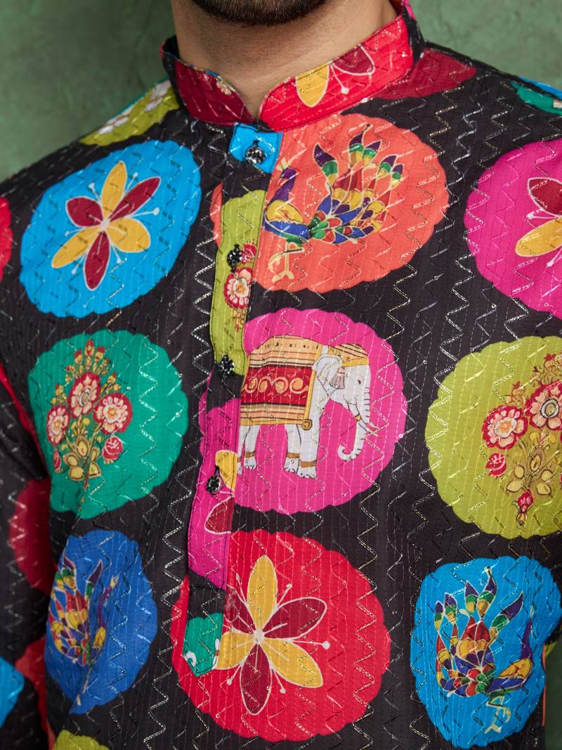 Multicolor heavy rayon print with embroidery work wedding function festival party wear straight kurta