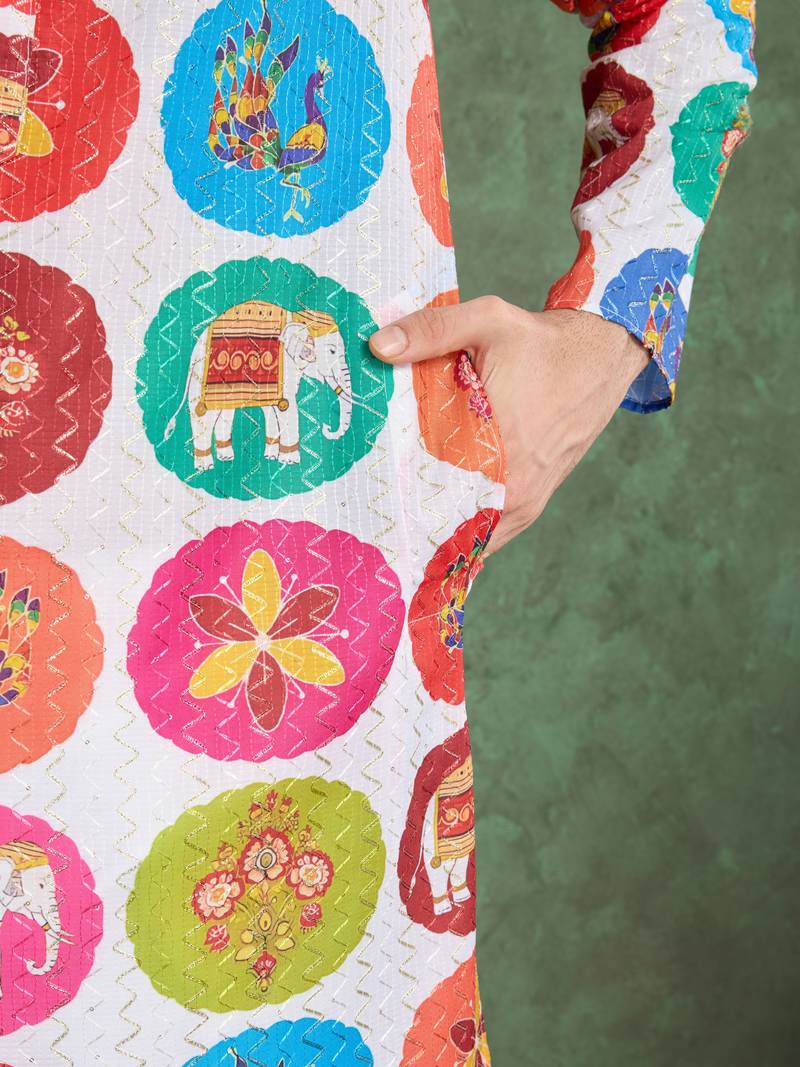 Multicolor heavy rayon print with embroidery work wedding function festival party wear straight kurta