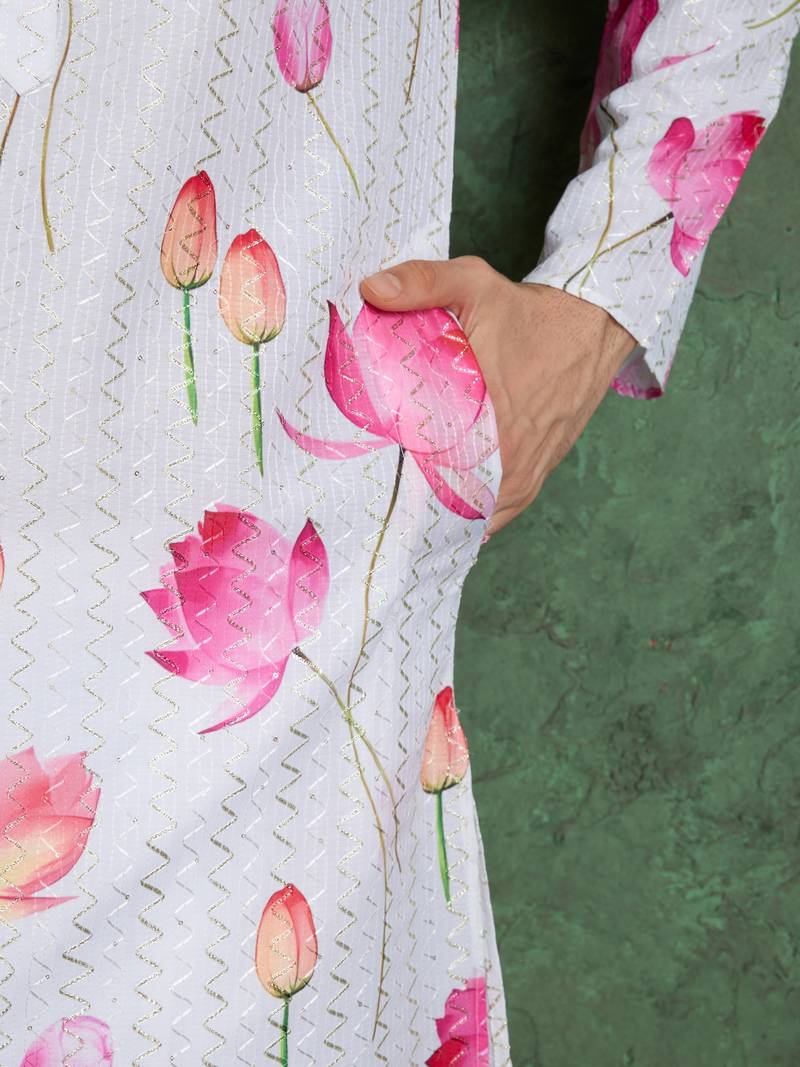 white pink heavy rayon flower print with embroidery straight kurta