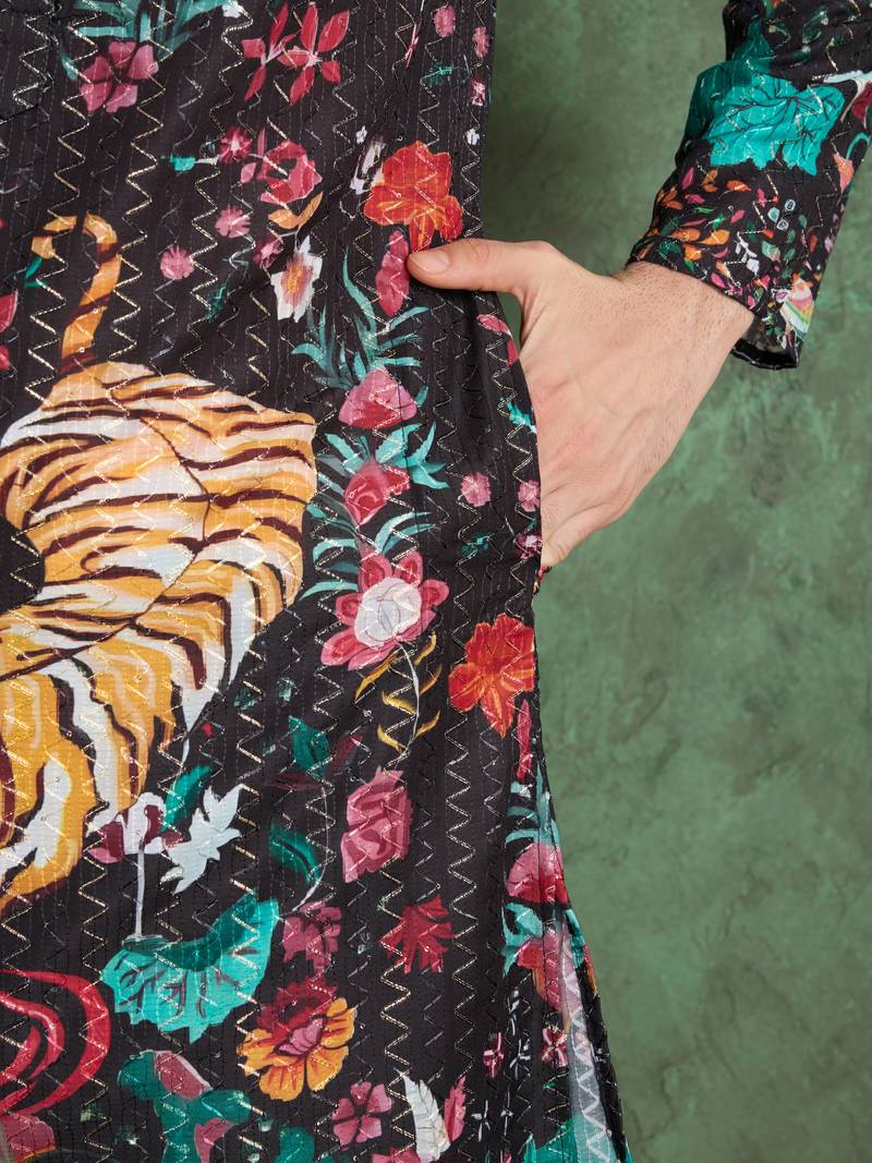 Black heavy rayon print with embroidery work wedding function festival party wear straight kurta