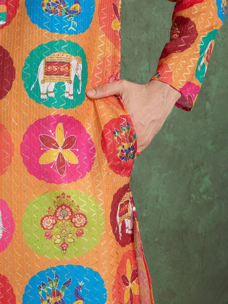 Orange heavy rayon print with embroidery work wedding function festival party wear straight kurta