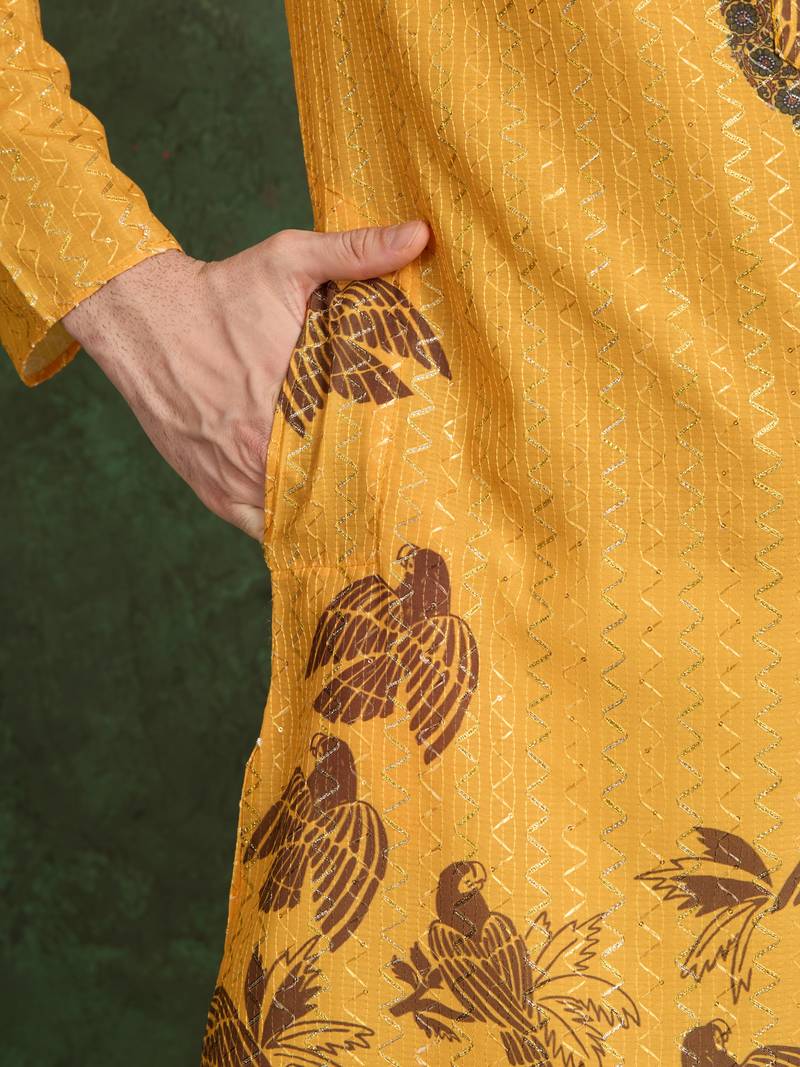 Mustard heavy rayon print with embroidery work wedding function festival party wear straight kurta