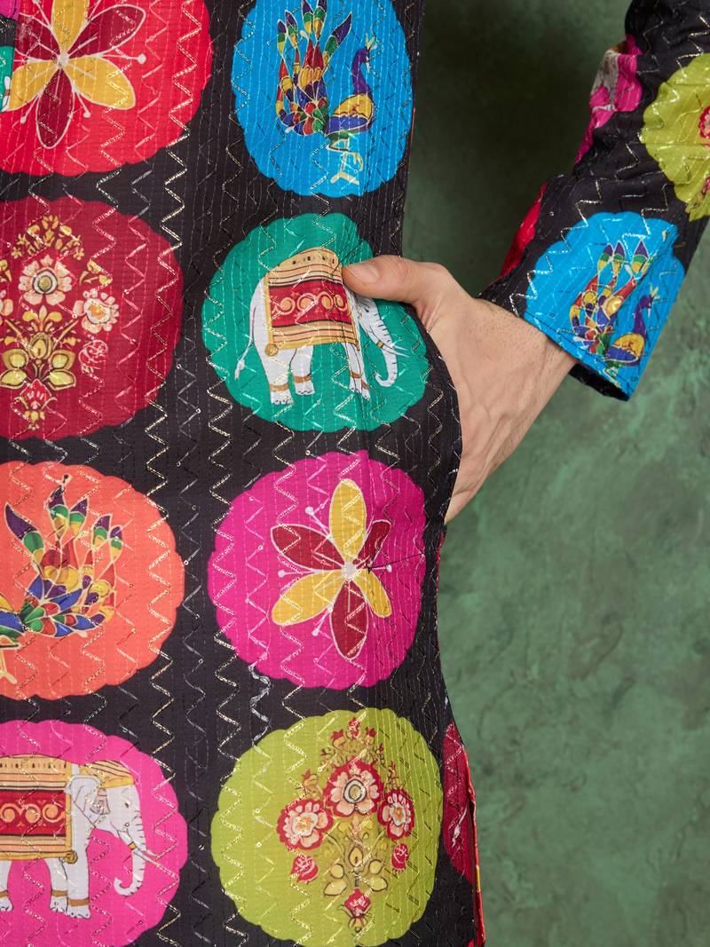 Multicolor heavy rayon print with embroidery work wedding function festival party wear straight kurta