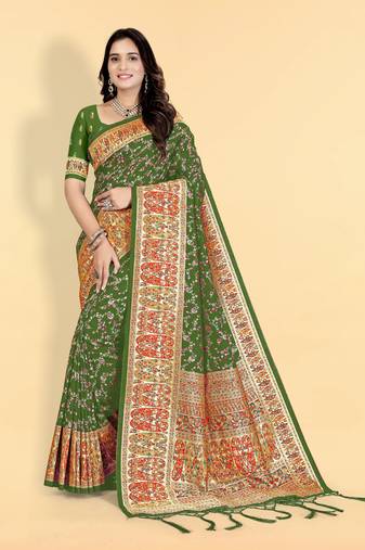Parrot green banarasi silk blend saree with designer pallu 