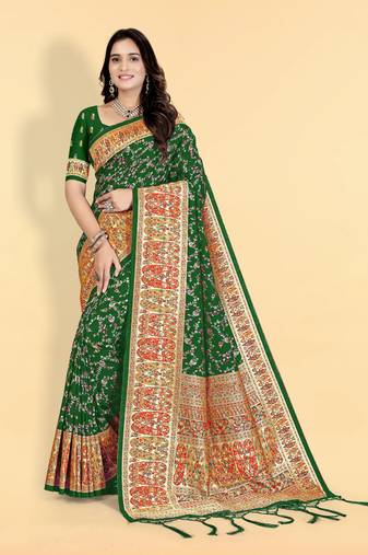 green banarasi silk blend saree with ornate pallu and blouse