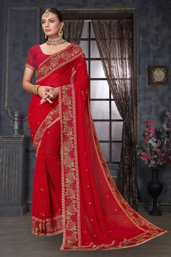 Red Resham Cross Embroidered Georgette Saree