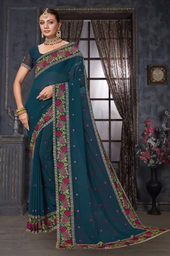 Teal Blue Resham Cross Embroidered Georgette Saree