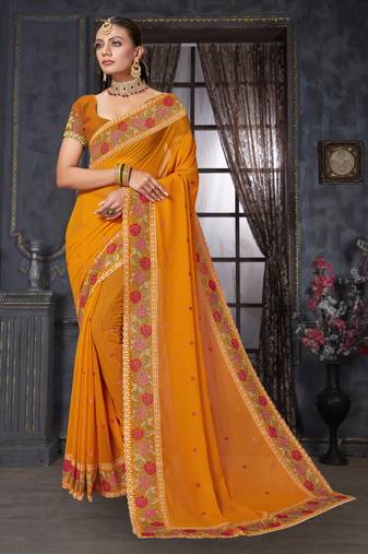 Mustard Resham Cross Embroidered Georgette Saree