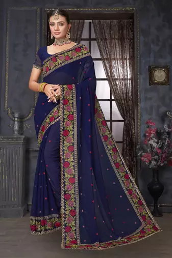 Navy Blue Resham Cross Embroidered Georgette Saree