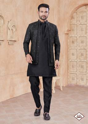 Black pure silk with embroidery and sequence work indo western for mens wear 1