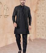 Black pure silk with embroidery and sequence work indo western for mens wear