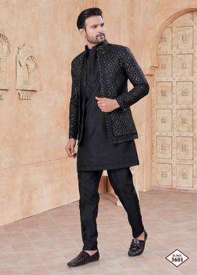 Black pure silk with embroidery and sequence work indo western for mens wear 2