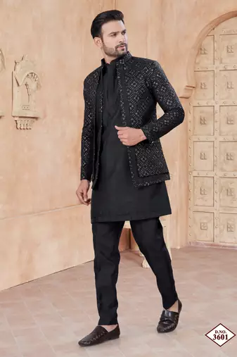 Black pure silk with embroidery and sequence work indo western for mens wear
