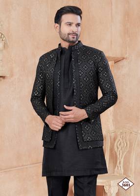 Black pure silk with embroidery and sequence work indo western for mens wear 3