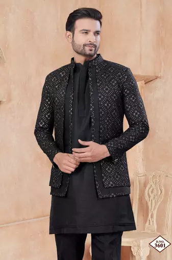 Black pure silk with embroidery and sequence work indo western for mens wear