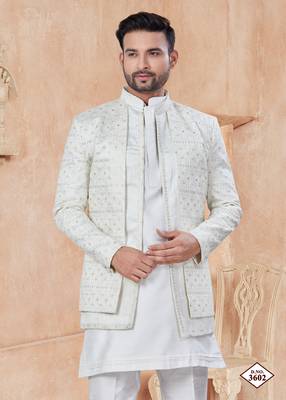 White pure silk with embroidery and sequence work indo western for mens wear 1