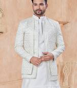 White pure silk with embroidery and sequence work indo western for mens wear