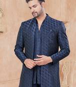 Navy blue pure silk with embroidery and sequence work indo western for mens wear