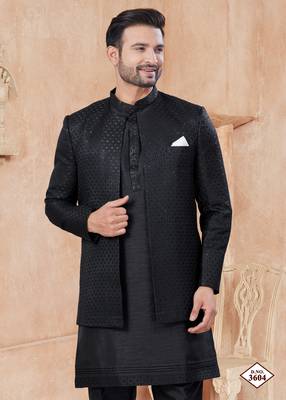 Black pure silk with embroidery and sequence work indo western for mens wear 2
