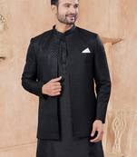 Black pure silk with embroidery and sequence work indo western for mens wear