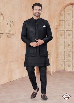 Black pure silk with embroidery and sequence work indo western for mens wear 3