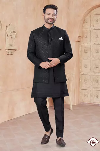 Black pure silk with embroidery and sequence work indo western for mens wear