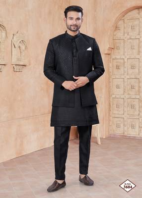 Black pure silk with embroidery and sequence work indo western for mens wear 1