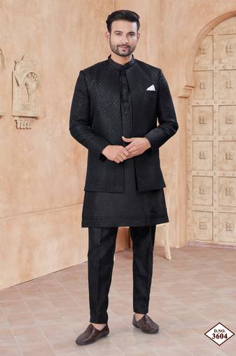 Black pure silk with embroidery and sequence work indo western for mens wear