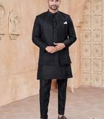 Black pure silk with embroidery and sequence work indo western for mens wear