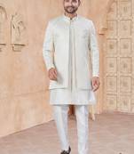 White pure silk with embroidery and sequence work indo western for mens wear
