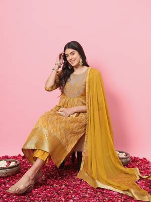 Mustard embroidered cotton silk kurta sets 1