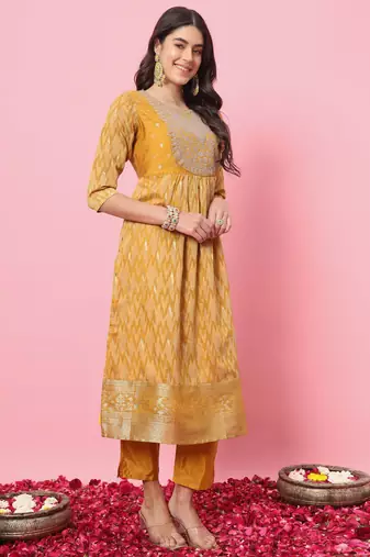 Mustard embroidered cotton silk kurta sets