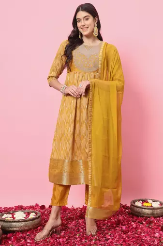 Mustard embroidered cotton silk kurta sets